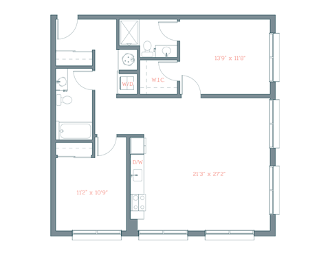 Floor plan for 2 beds, 2 baths, 1100 sqft